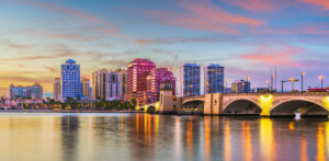 West Palm Beach skyline and bridge at dusk